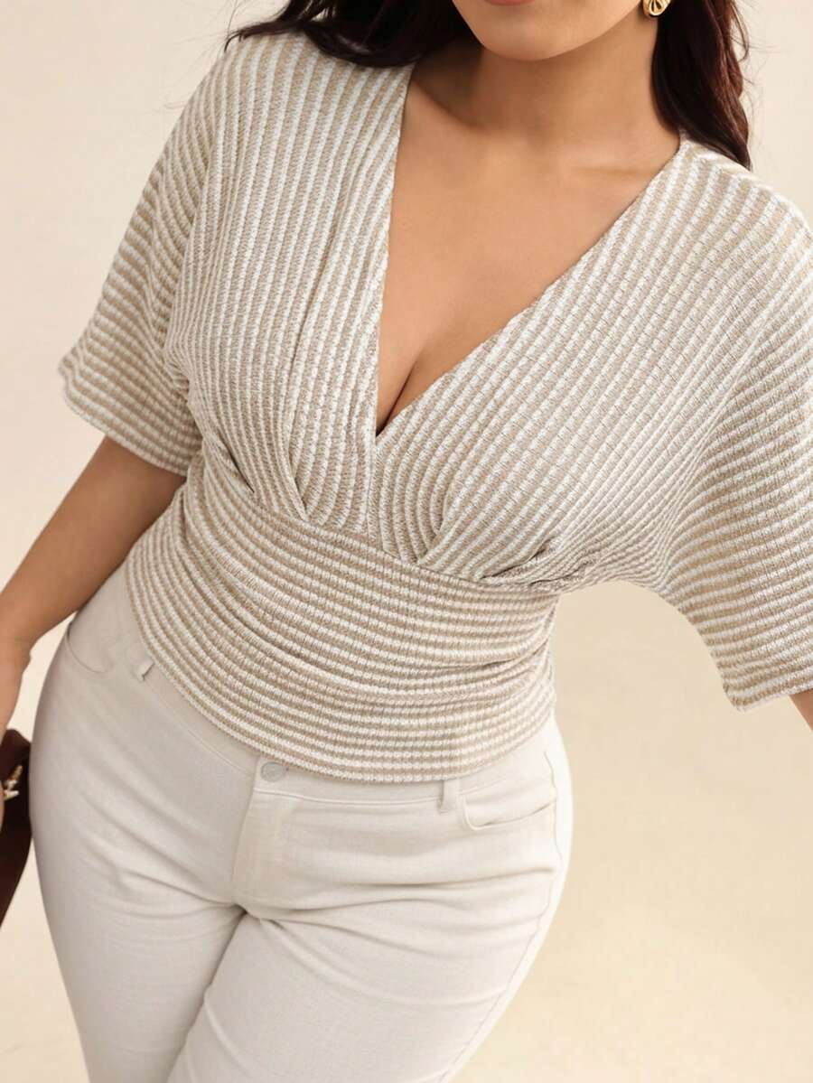 Auralis Áo thun nữ cỡ lớn kẻ sọc cổ chữ V tay ngắn kiểu cánh dơi phong cách thường ngày - Nhiều màu - Xem 1