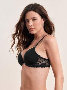 DesireSculpt Black Contrast Lace Push Up Bra For Women With Slight Stretch Fabric - Black - View 4