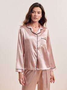 Contrast Piping Satin Top & Pants PJ Set / Pajama Set, Fall Clothes Cozy And Elegant Details, Winter - Champagne - View 6