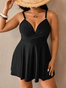 Auralis 大码女式纯色交叉设计时尚连体泳衣 - 黑色 - 查看 9