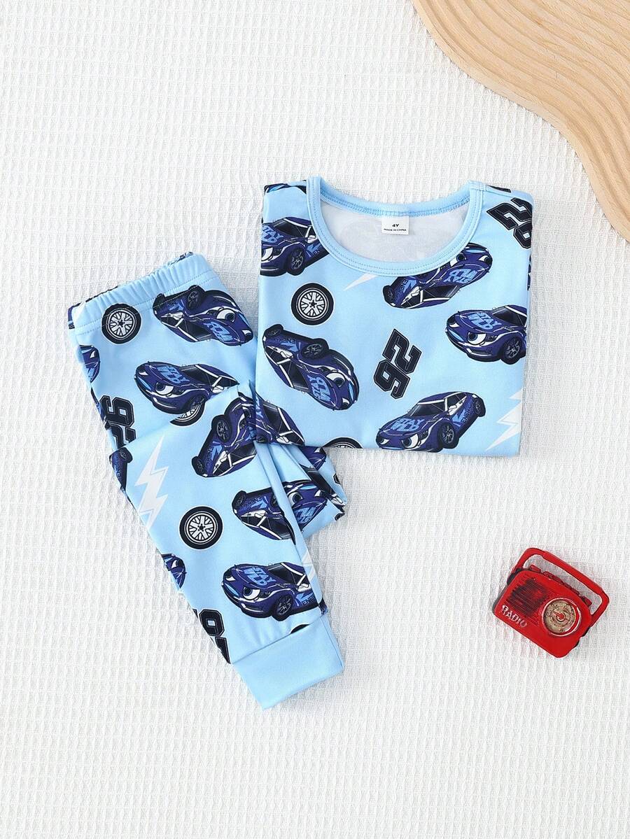 Conjunto de pijama infantil masculino minimalista com estampa de carro em desenho animado, manga longa, 2 peças, macio e confortável. - Azul - Ver 1