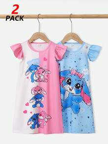 Light Pink,Summer,Fairy,Family Matching Toddler Girls' Cartoon Rabbit Pattern Ruffled Sleeve Crew Neck Dress Set Of 2,Sweet Girly Resort Style Outfit - Multicolor - View 4