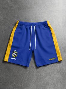 ROMWE MEN Pantalones cortos con cordón en la cintura y estampado de letras con color contrastante para hombres - Multicolor - Ver 1