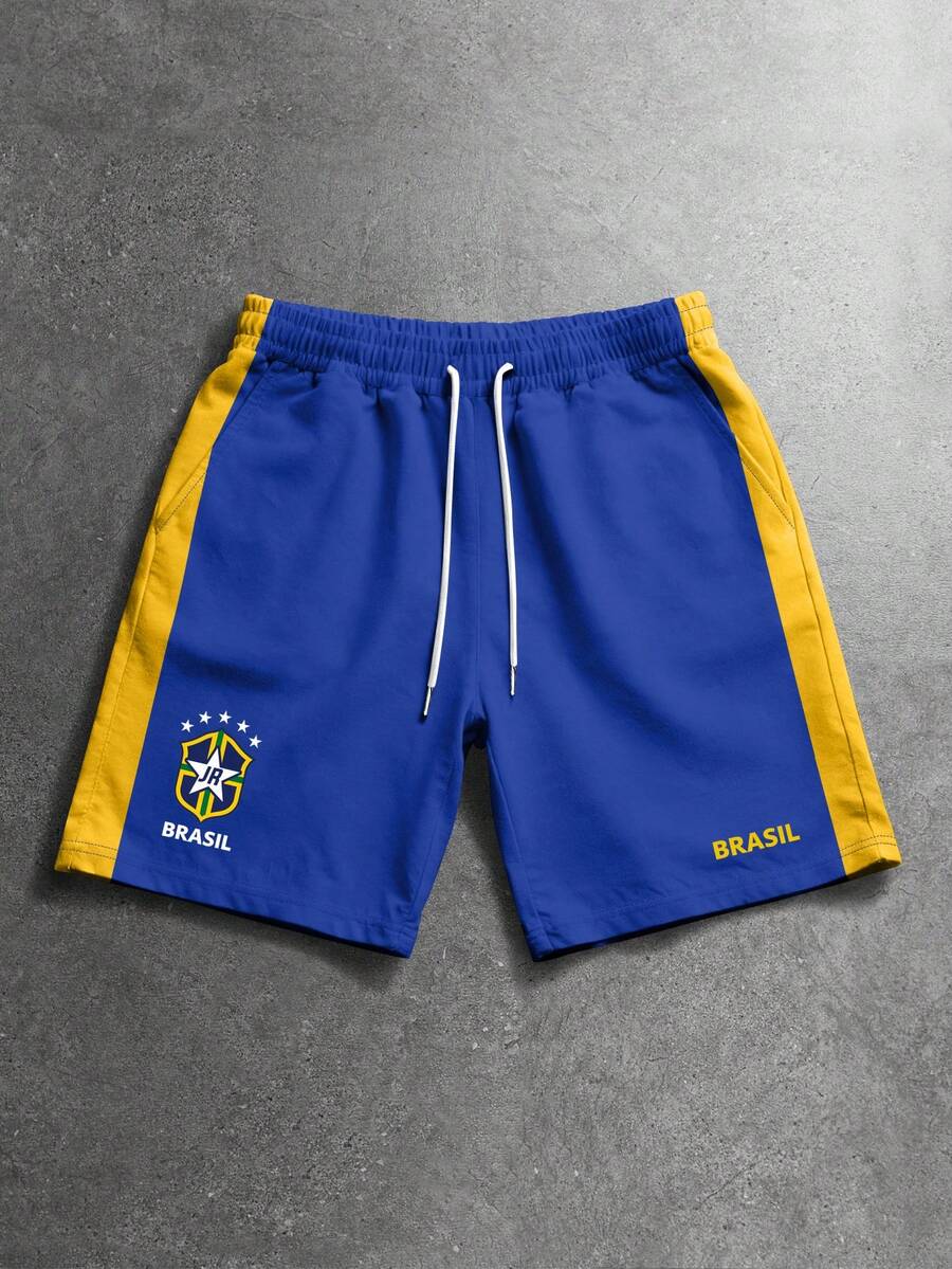 ROMWE MEN Pantalones cortos con cordón en la cintura y estampado de letras con color contrastante para hombres - Multicolor - Ver 1