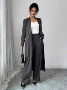 Elenzga 两件套：女士优雅翻领长袖长款外套搭配直筒裤两件套，精致优雅，适合办公室、通勤、街头风、法式浪漫、休闲、中东复古、下午茶、派对、感恩节、返校季、秋冬季等场合。 - 深灰色 - 查看 3