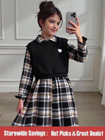 SHEIN 少女优雅通勤校园风返校甜美格子长袖连衣裙 + 针织背心心形运动衫套装，秋冬