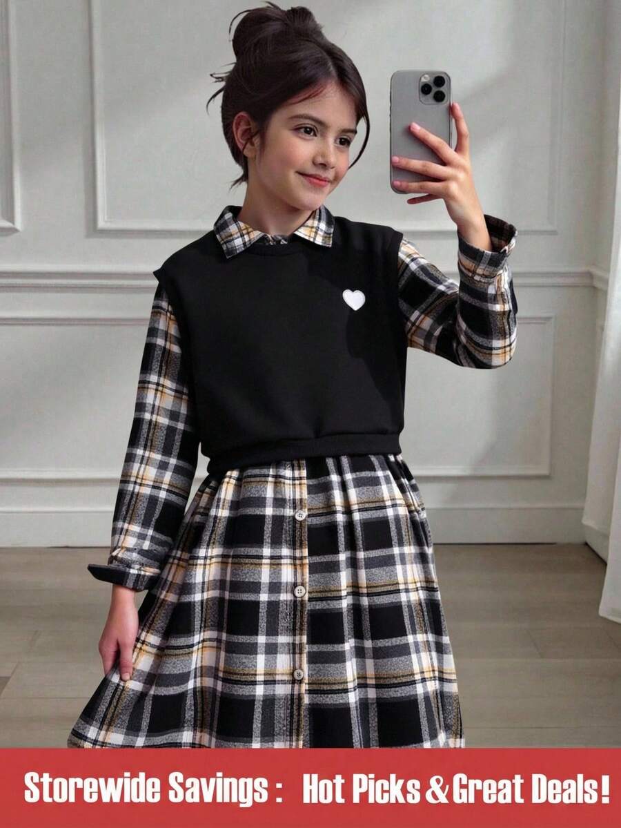 SHEIN 少女优雅通勤校园风返校甜美格子长袖连衣裙 + 针织背心心形运动衫套装,秋冬 - 彩色 - 查看 1