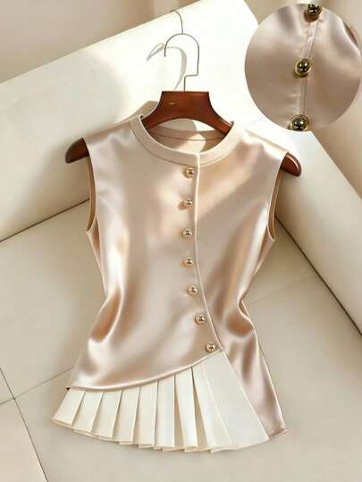 Franclia Women's Color Block Round Neck Pleated Casual Versatile Daily Wear Shirt