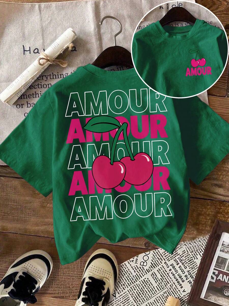 DrmWander 女士印花T恤，休闲街头风短袖T恤，可爱夏季上衣 - 綠色 - 查看 1