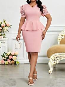 SHEIN Lady Bộ đồ 2 mảnh dành cho nữ cỡ lớn, gồm áo ngắn tay cổ chữ V phối ren, thời trang cho công sở và các buổi đi chơi. - Hồng - Xem 6