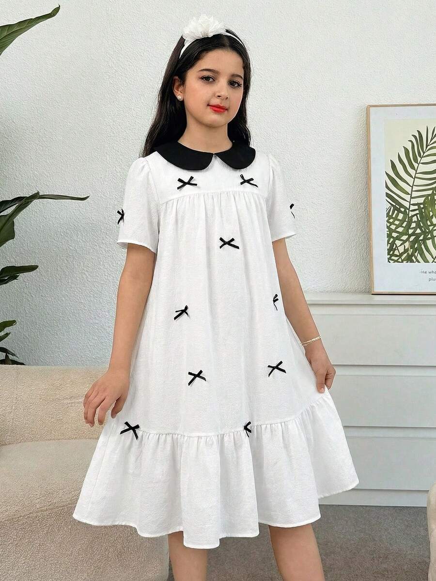 SHEIN 少女宽松优雅彼得潘领拼接蝴蝶结装饰连衣裙 - 彩色 - 查看 1