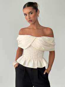 Siren Gaze Women Off Shoulder Twist Front Smocked Ruffle Hem Crop Top, Elegant Blouse, White Shirt, Ruffle Top, Office Wear, Summer, Linen Fitted Blouse, Shawl Style Top With Pleated Bust And Ruffle Hem, Casual Vacation Wear - Apricot - View 4