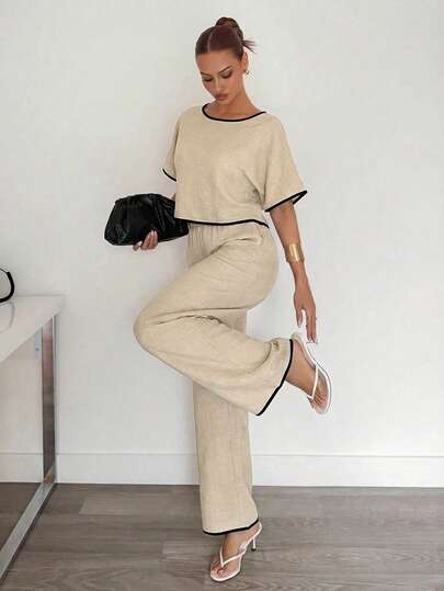 Siren Gaze 2 piezas Conjunto casual de mujer con camisa y pantalones plisados de unicolor