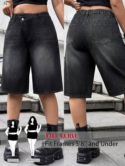SHEIN PETITE CURVE 大码女式 Y2K 高腰阔腿牛仔短裤，黑色水洗做旧宽松牛仔短裤，带口袋，完美搭配街头风和颓废风造型。大码休闲不对称腰牛仔短裤，夏季款。