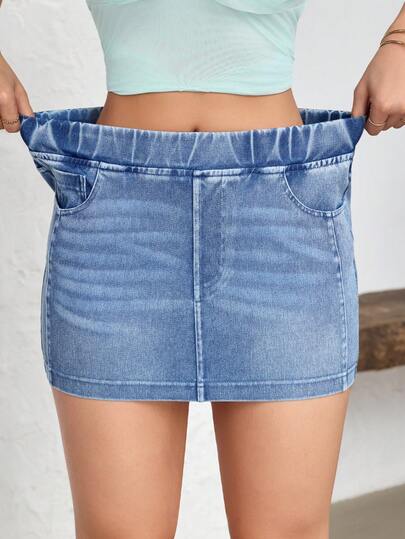 Flexra Women's Elastic Waist Pocket Bodycon Denim Mini Skirt