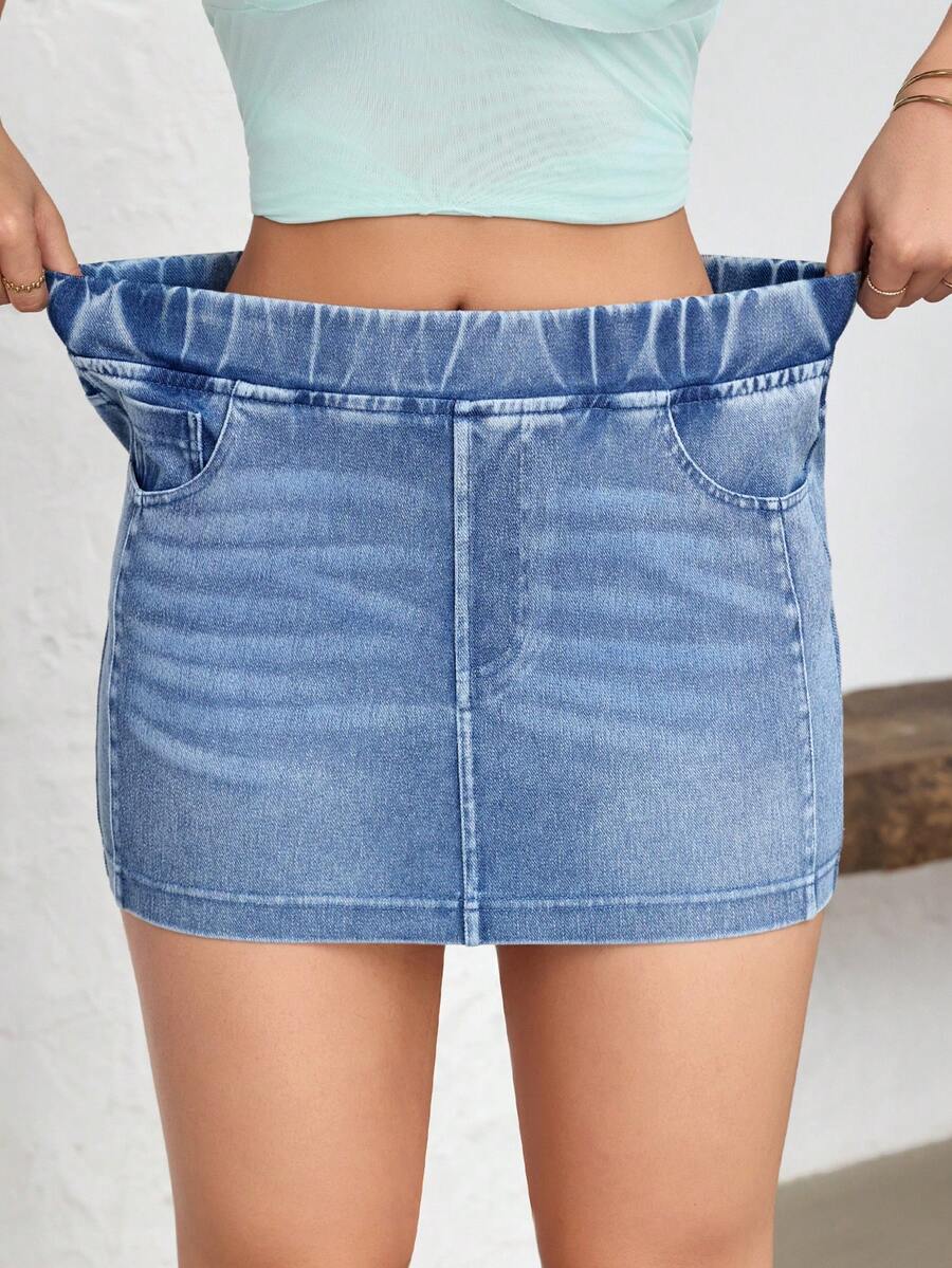 Flexra 女士弹力腰带口袋修身牛仔迷你裙 - 藍色 - 查看 1