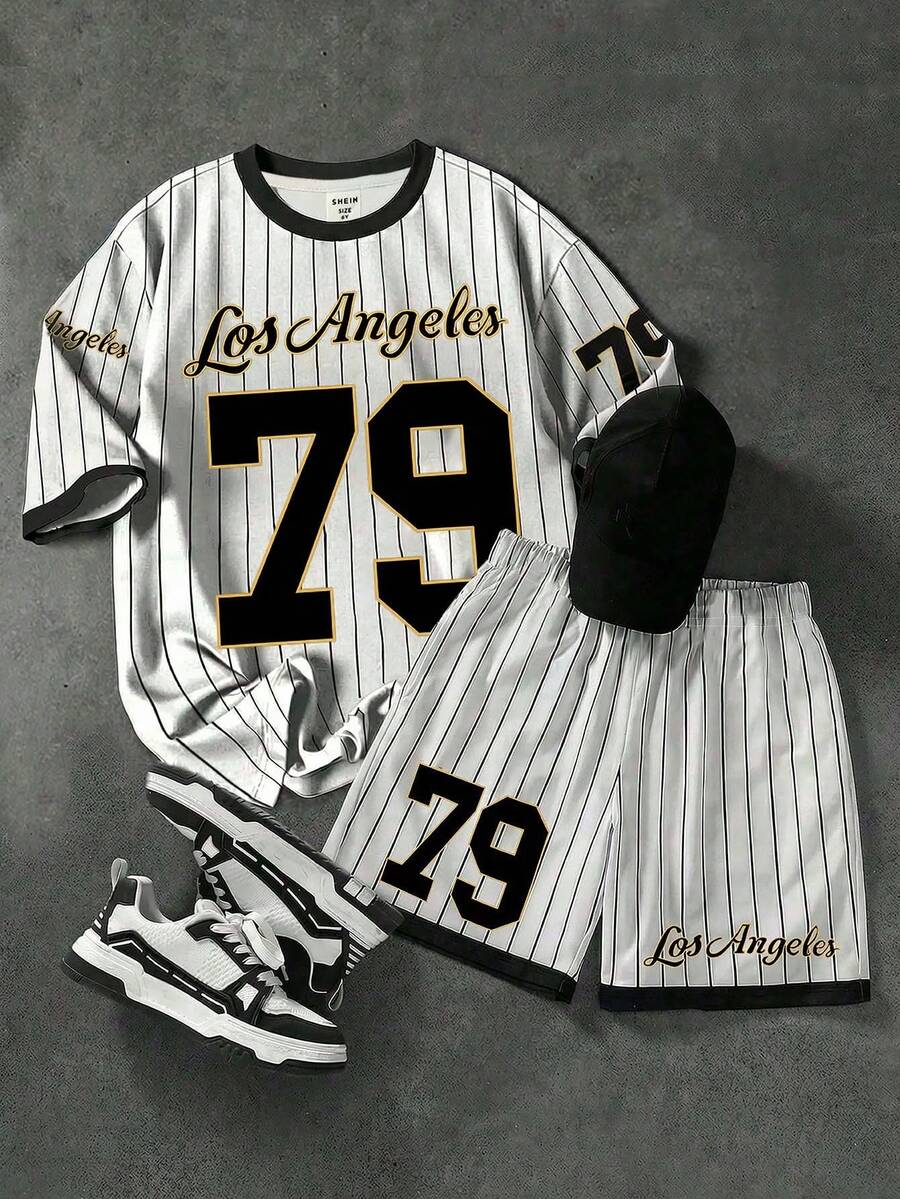 青少年男童休闲简约时尚 Y2K 街头运动衫，洛杉矶经典学院风，79 号图案，美式复古，宽松舒适简约圆领短袖 T 恤和短裤套装 - 彩色 - 查看 1