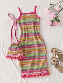 Sparklyn Girls' Sweet Rainbow Pink Stripe Summer Boho Cute Beach Holiday Dress,Knitted Jacquard 3D Floral Spaghetti Strap Sundress With Crossbody Bag - Multicolor - View 2