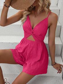 SHEIN Holidaya Áo liền quần hai dây gợi cảm màu trơn dành cho nữ, kiểu dáng khoét eo, màu trơn. - Màu Hồng Tươi - Xem 3