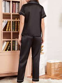 LuxeNights Satin Heart Print Pocket Contrast Piping Trim PJ Set / Pajama Set - Black - View 2