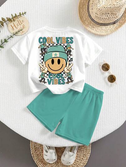 SHEIN Y2K Casual Stylish Young Boy Cartoon Graphic Tee And Shorts Set, Loose Comfortable Fashion Minimalist Round Neck Short Sleeve Streetwear, Skateboard, Retro American Style