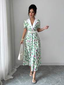 SHEIN Elenzya Elegant Romantic Tailored Collar Waist Splicing A-Line Dress, Suitable For Resort & Countryside - Multicolor - View 7
