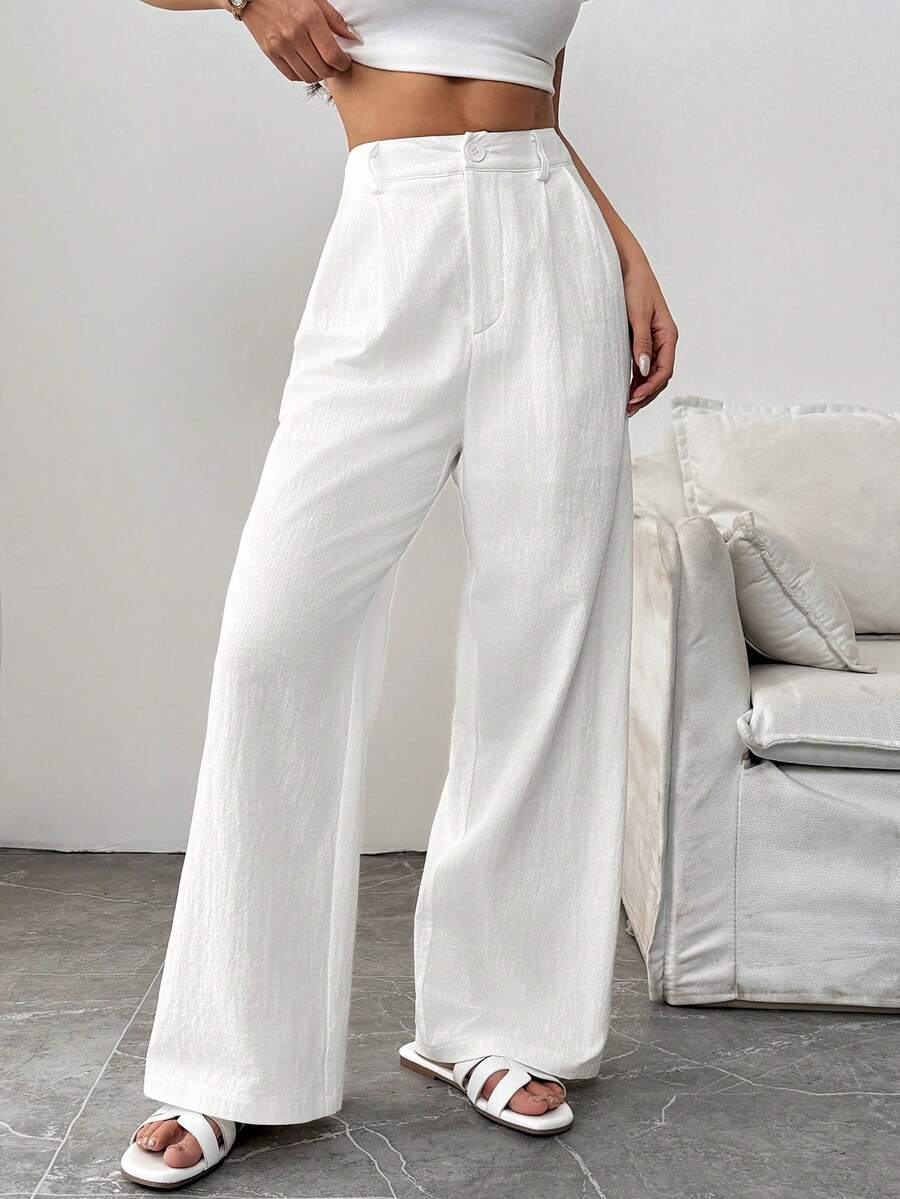 Femmeiva Pantalones casuales elegantes de diseño plisado para mujer - Blanco - Ver 1