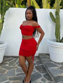 Tyla Gomez Bộ 2 áo trễ vai tối giản màu trơn dành cho nữ, trang phục thường ngày - Đỏ - Xem 3