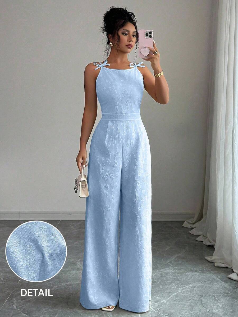 SHEIN Elenzya Bộ jumpsuit ống rộng thắt eo bằng vải jacquard họa tiết nơ và hoa cúc dành cho nữ, thanh lịch cho việc đi làm hàng ngày. - Màu xanh nhạt - Xem 1
