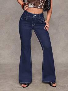 Flirla Women's Solid Color Casual Jeans - Blue - View 1