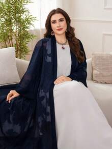 Al Najma Women's Chiffon Jacquard Elegant Loose Fit Abaya Robe, Versatile Plus Size - Navy Blue - View 6