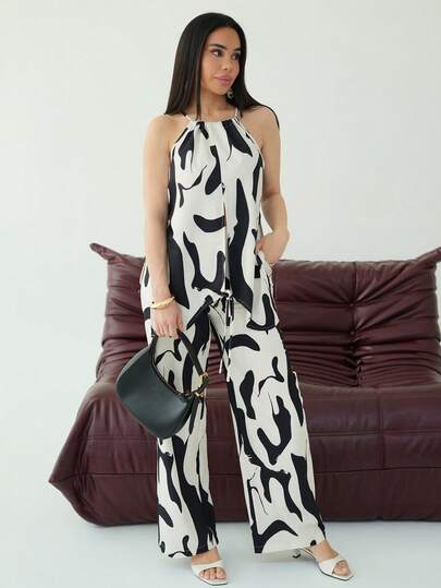 Milla Jasmine 女士印花褶皱吊带背心套装，适合度假和日常穿着，优雅迷人