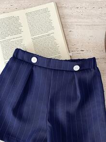 SHEIN Set de 2 piezas Ropa de niño bebé primavera/verano fresca y linda con rayas verdes, incluye camisa de manga corta con cuello y pantalones cortos verdes, adecuado para eventos elegantes, invitado de boda, paje, portador de anillos, boda, cumpleaños, bautizo y baby shower - Azul - Ver 7