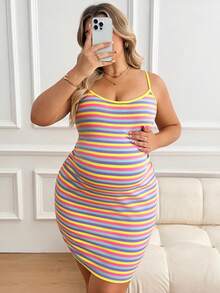 Plussiva 孕妇加大码条纹修身休闲吊带连衣裙 - 彩色 - 查看 5