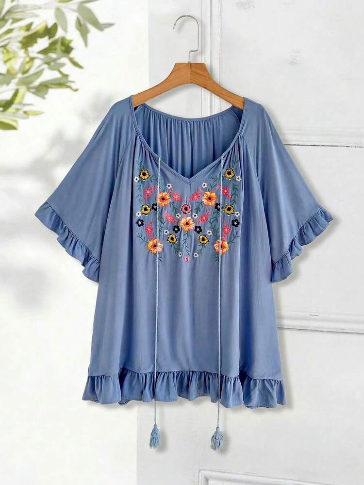 Plus Size Women's Summer Casual Vacation Country  Floral Embroidered Blue Ruffle Sleeve Blouse Top Shirt,Country Casual Vacation Outfits Woman,Simple And Fashionable For Everyday Wear,Summer Tops Women,Summer Outfits For Women,Casual Holiday Style,Summer Outfits For Women ,Vacation Outfits Women ,Holiday Outfits For Women,Going Out Outfits, New Clothes,Suitable For Summer, Vacation, Daily Wear, Festival Outfits For Women,Beach Outfits For Women,Gifts For Mother,Boho Top,Mothers Day Outfit