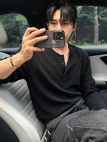 DAZY 男士黑色纹理基础款半拉链T恤 - 黑色 - 查看 4