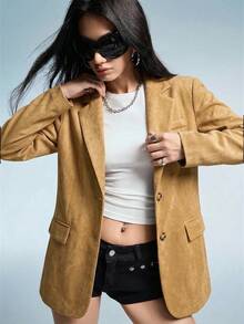 GENKIRA Áo blazer nữ dáng rộng, thoải mái, đa năng, chất liệu da lộn, màu thu đông, có đệm vai rộng, kiểu dáng thường ngày. - Màu Khaki - Xem 5