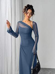 Siren Gaze Women's Solid Color Ruffle Mesh Elegant Cinched Waist Dress For Party - Dusty Blue - View 3