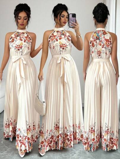 SHEIN Elenzya جمبسوت أنيقة مطبوعة مع ربطة الخصر، مناسبة للارتداء اليومي، التنقل، حفلات العائلة، الشاطئ، العطلات الرومانسية والسفر