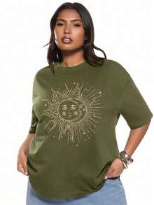 Solavibe Camiseta de cuello redondo con estampado de tallas grandes - Verde militar - Ver 2