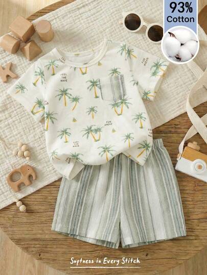 Cozy Pixies 两件套男婴植物花卉图案装饰口袋圆领短袖上衣和松紧腰裤套装