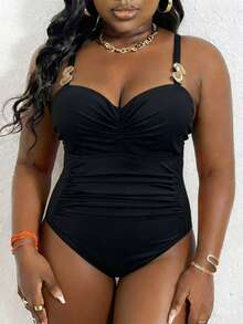 Swim Lushoire 2026 Nouveau maillot de bain une pièce de grande taille à bretelles larges de couleur unie, convient pour les vacances à la plage au printemps/été - Noir - Voir 5