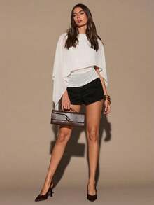 SHEIN BAE Women's Autumn/Winter Brown Cape Shawl Collar Ruched Fitted Sweater Top - White - View 4