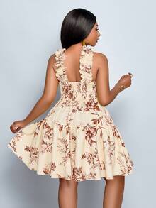 SOLERSUN Plus Size Women's Fashion Floral Random Pattern Crossover V-Neck Ruffled Shoulder Strap Sleeveless Pleated Waist A-Line Double-Layer Ruffled Hem Short Dress, Vacation, Suitable For Spring And Summer Daily Commutes And Beach Vacations, Cool And Casual, Perfect For St. Patrick's Day, Easter, Music Festivals, Parties - Apricot - View 6