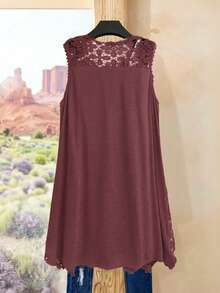 Rusticease Plus Size Casual Solid Color Lace Patchwork Sleeveless Jacket - Redwood - View 2