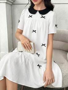 SHEIN 少女宽松优雅彼得潘领拼接蝴蝶结装饰连衣裙 - 彩色 - 查看 5