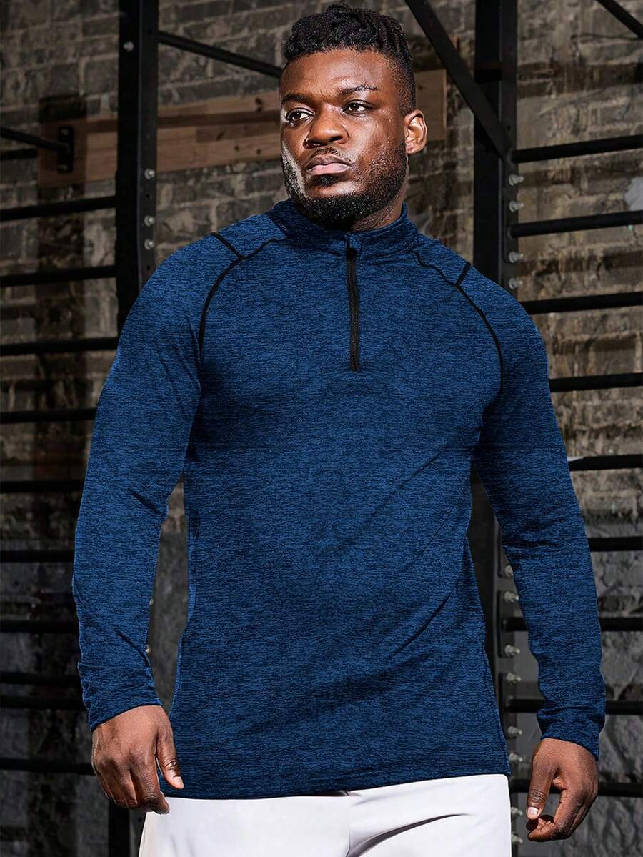 Gym Rark Men's Plus Size Stand Collar Long Sleeve Sports T-Shirt - Blue - View 1