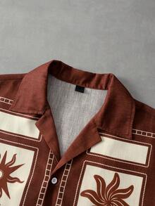 PAVTROS Men's Retro Printed Short Sleeve Shirt - Brown - View 3