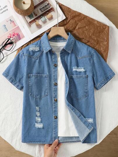 Mirajuku Tween Boys' Denim Short Sleeve Shirt, Lightweight Soft Comfortable Fabric, 2026 Spring Summer New Fashion, Vacation Travel Essential Summer Wear