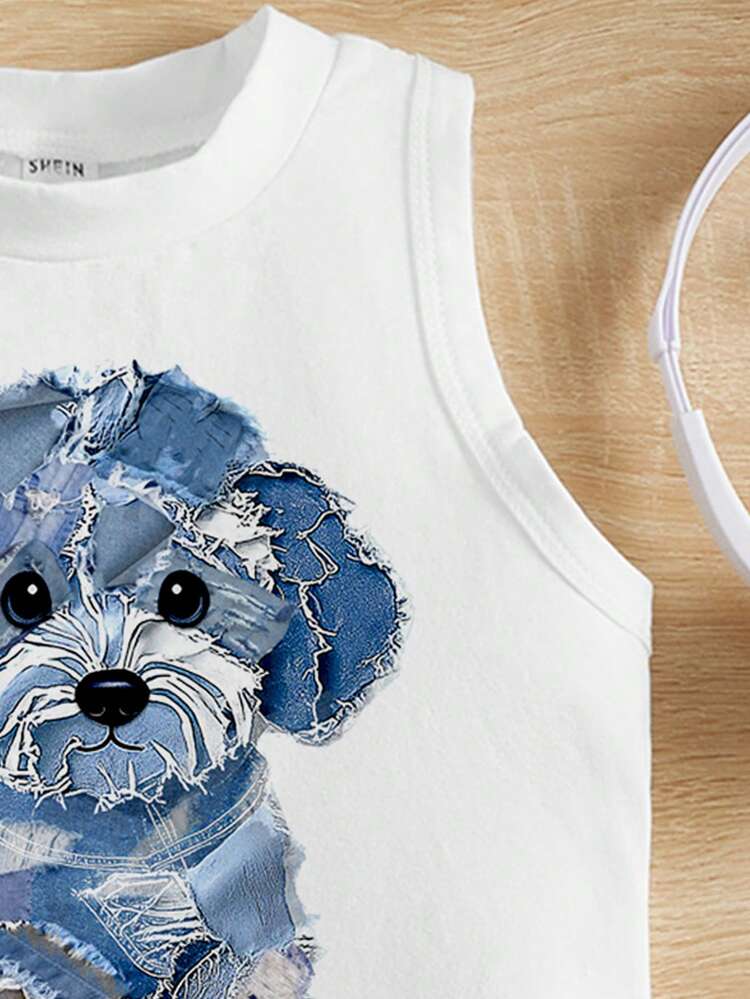 SHEIN 休闲可爱纹理小狗图案无袖圆领背心，适合夏季、度假和日常穿着 - 白色 - 查看 4